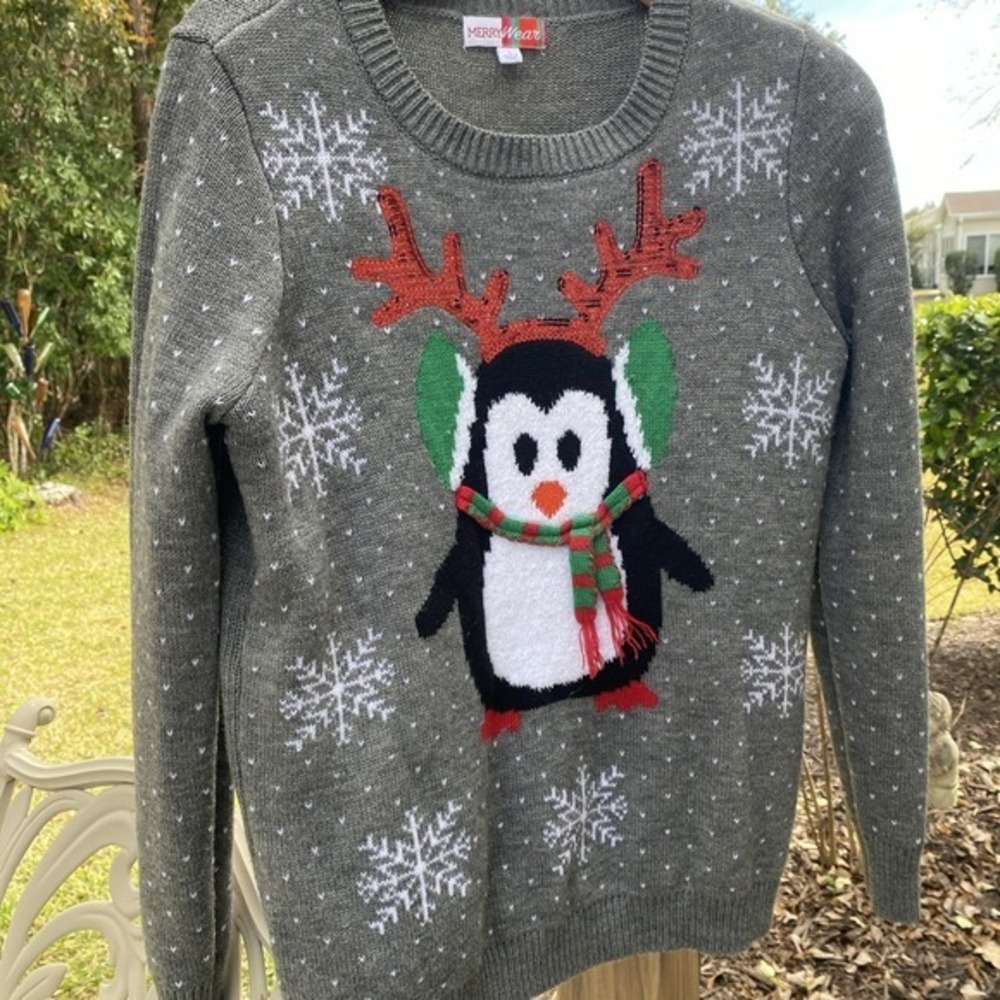 Merry Wear Christmas Sweater Penguin/red Sequin Antlers S Gray‎ 807